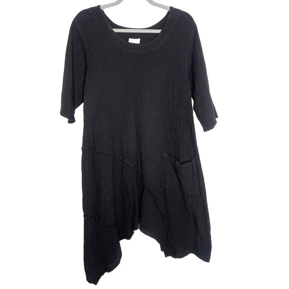 Drawstrings of Malibu XS Lagenlook Tunic Travel Dress 100% Cotton Flowy Black - Picture 1 of 8